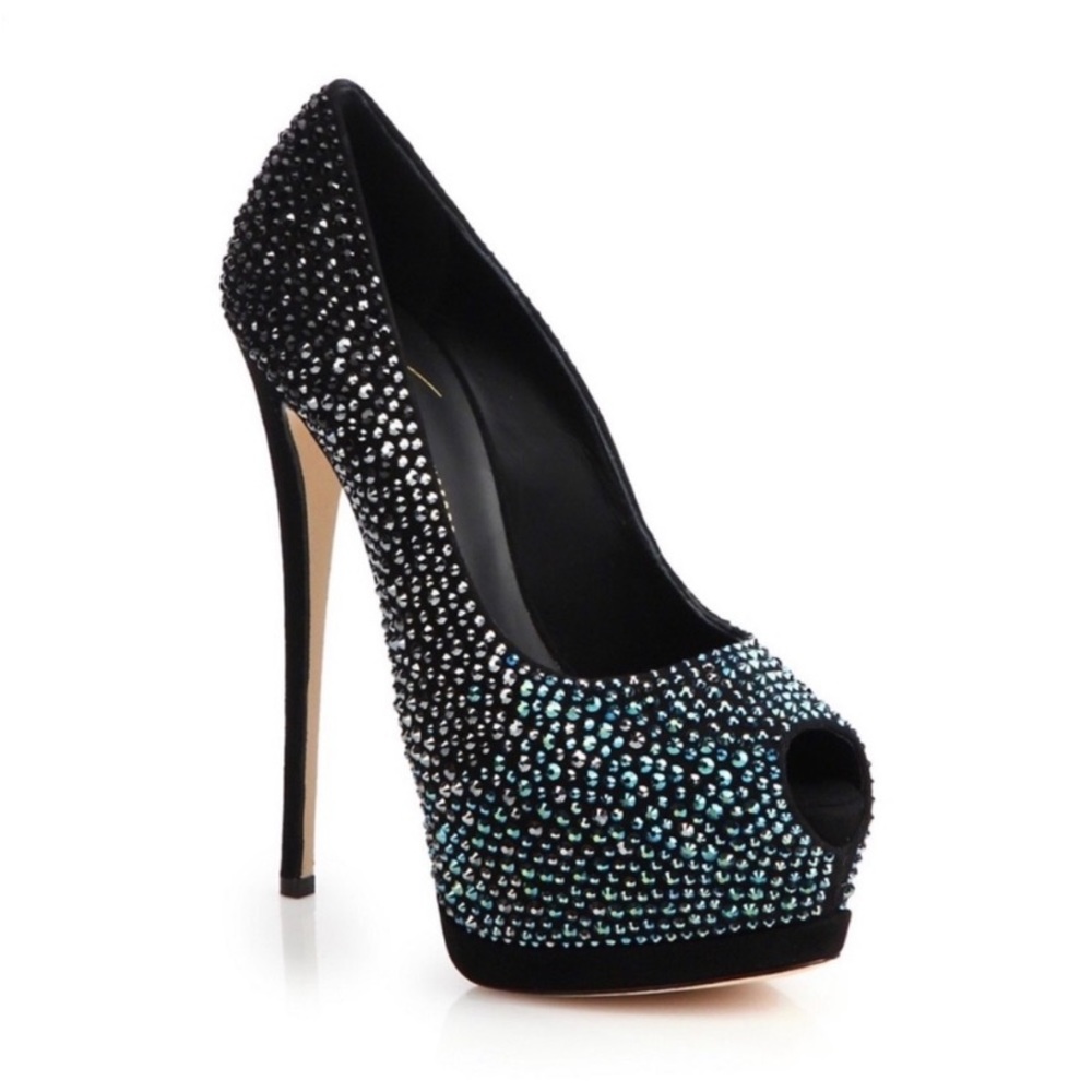 NWT Giuseppe Zanotti Sharon Crystal Embellished Peep Toe Heels Black